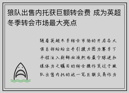 狼队出售内托获巨额转会费 成为英超冬季转会市场最大亮点